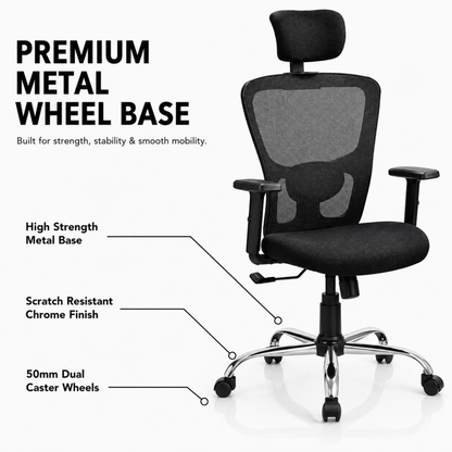 Executive High Back Ergonomic Mesh Office Chair with Adjustable Headrest, Fabric Seat, Lumbar Support, Tilt Mechanism & Chrome Base for Office