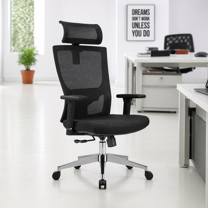 Executive High Back Office Chair with Adjustable Headrest, Lumbar Support, Tilt Mechanism, Swivel & Chrome Base for Office