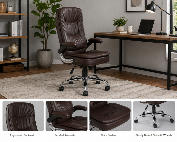 Executive Leatherette Chair with Cushioned Seat, High Back Support, Armrests and Chrome Base – Ergonomic Office Chair