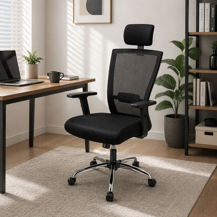Executive Mesh Office Chair with Adjustable Headrest, Lumbar Support, Cushioned Seat, Tilt Mechanism, Swivel Base and Chrome Legs