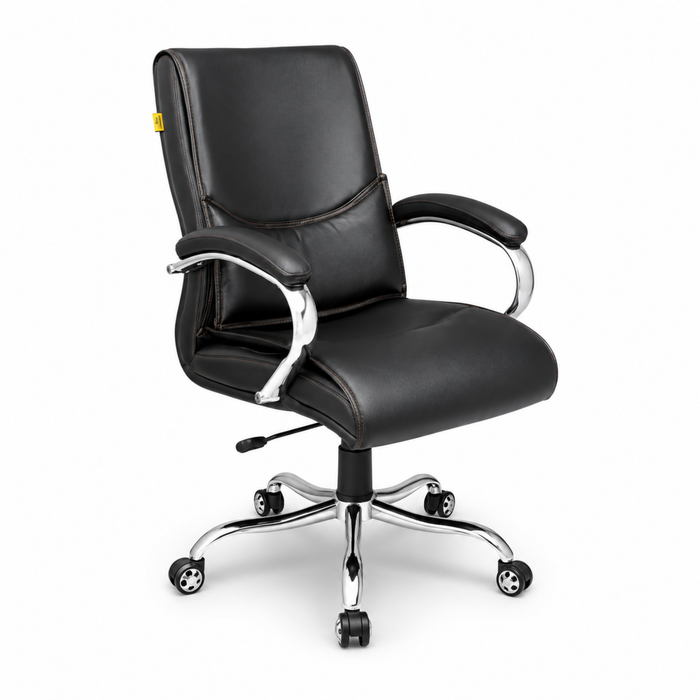 Executive Mid-Back Office Chair with Ergonomic Support, PU Leather Upholstery, Height Adjustment, Tilt Mechanism, Chrome Armrests & Base, 360° Swivel for Office