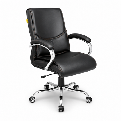 Executive Mid-Back Office Chair with Ergonomic Support, PU Leather Upholstery, Height Adjustment, Tilt Mechanism, Chrome Armrests & Base, 360° Swivel for Office