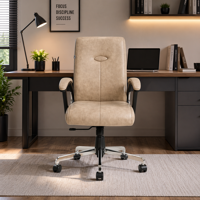 Executive Mid Back Upholstered Office Chair with Cushioned Seat, Ergonomic Support, Padded Armrests, Swivel Mechanism & Chrome Base for Office