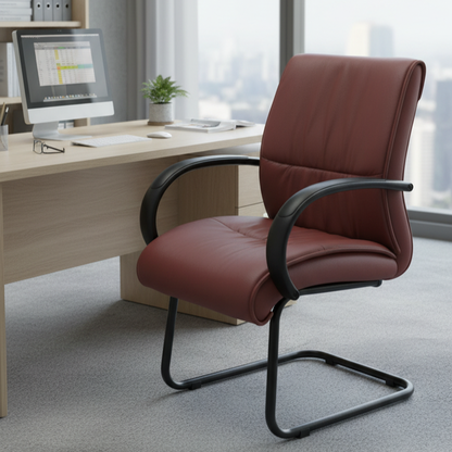 Executive Mid Back Visitor Chair in Premium Brown PU Leather with Cushioned Seat, Ergonomic Support, Metal Sledge Base & Armrests for Office, Reception & Meeting Rooms