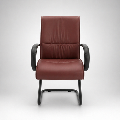 Executive Mid Back Visitor Chair in Premium Brown PU Leather with Cushioned Seat, Ergonomic Support, Metal Sledge Base & Armrests for Office, Reception & Meeting Rooms