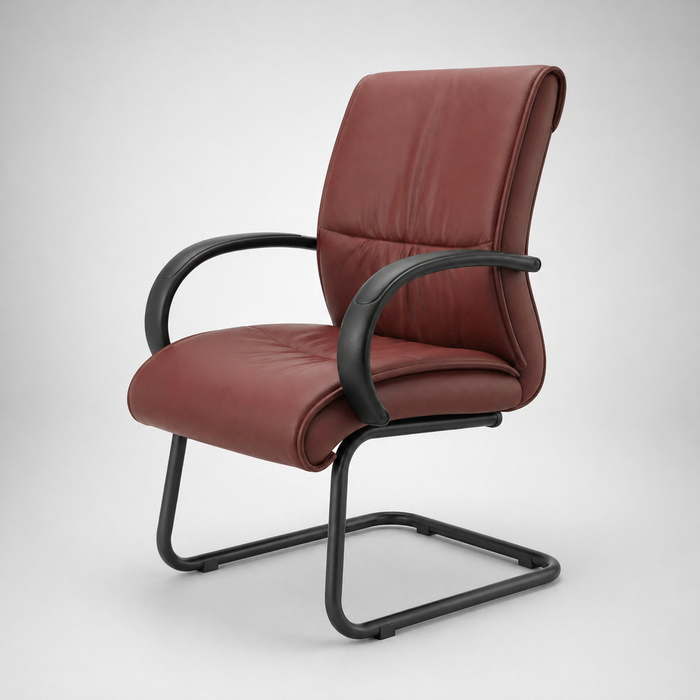Executive Mid Back Visitor Chair in Premium Brown PU Leather with Cushioned Seat, Ergonomic Support, Metal Sledge Base & Armrests for Office, Reception & Meeting Rooms