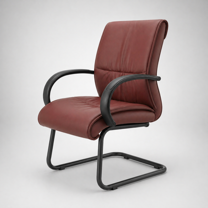 Executive Mid Back Visitor Chair in Premium Brown PU Leather with Cushioned Seat, Ergonomic Support, Metal Sledge Base & Armrests for Office, Reception & Meeting Rooms