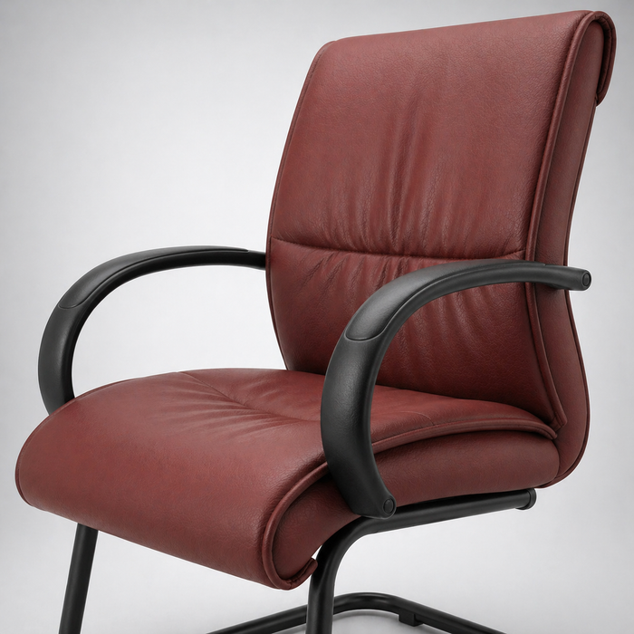 Executive Mid Back Visitor Chair in Premium Brown PU Leather with Cushioned Seat, Ergonomic Support, Metal Sledge Base & Armrests for Office, Reception & Meeting Rooms