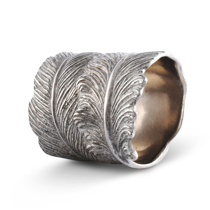 Detailed silver pewter napkin ring featuring an intricate, textured angel feather design.