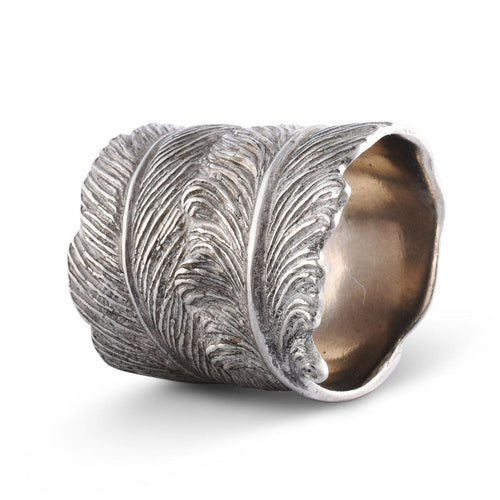 Detailed silver pewter napkin ring featuring an intricate, textured angel feather design.
