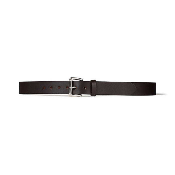 Dark brown Filson 1-1/4 inch bridle leather belt with a rustproof stainless steel roller buckle.