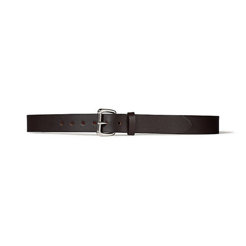 Dark brown Filson 1-1/4 inch bridle leather belt with a rustproof stainless steel roller buckle.