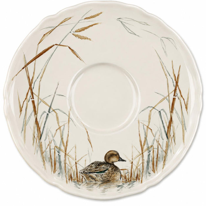 Six-inch cream china saucer featuring a detailed duck illustration surrounded by autumn grasses and reeds.
