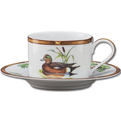 Julie Wear porcelain 8 oz cup and saucer featuring a colorful American Widgeon duck and gold rim detailing.