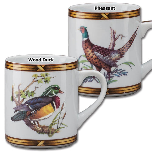 Two 10 oz. porcelain mugs featuring detailed pheasant and wood duck illustrations with elegant gold-tone trim.