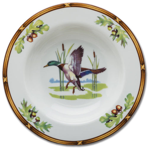 Julie Wear porcelain soup bowl featuring a mallard duck, oak leaves, and acorns with a decorative brown rim.