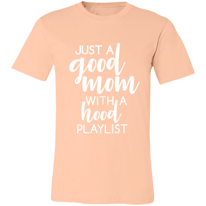 Good Mom Hood Playlist graphic t-shirt in Heather Peach