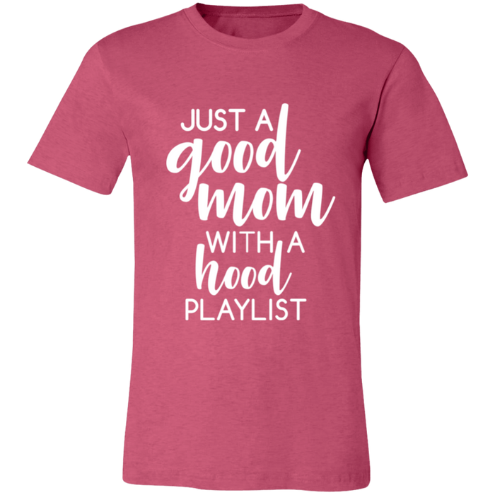 Good Mom Hood Playlist graphic t-shirt in Heather Raspberry