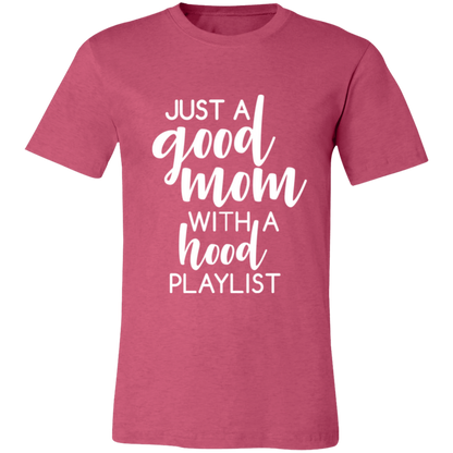 Good Mom Hood Playlist graphic t-shirt in Heather Raspberry