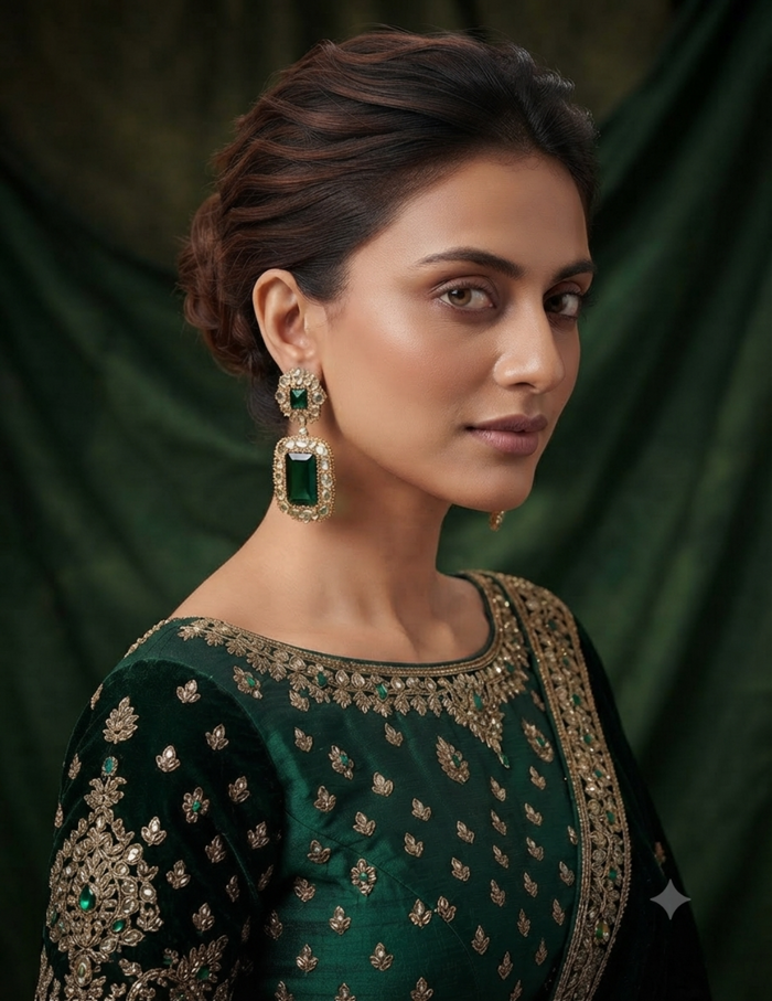 A woman wearing a dark green embroidered traditional outfit with gold detailing and matching green rectangular drop earrings, posed against a dark green draped backdrop.