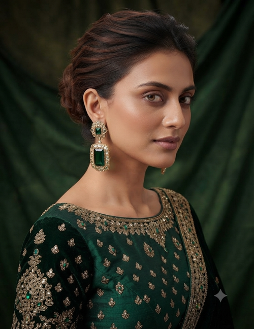 A woman wearing a dark green embroidered traditional outfit with gold detailing and matching green rectangular drop earrings, posed against a dark green draped backdrop.