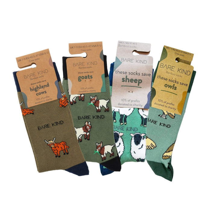 flat lays of highland cow, goat, sheep, barn owl bamboo socks