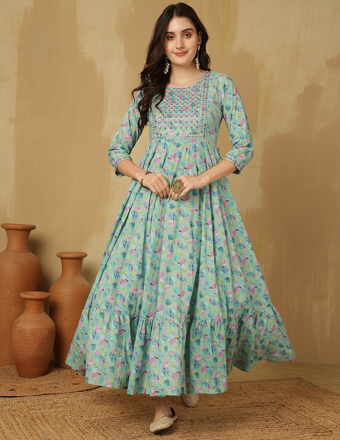 Green Floral Anarkali