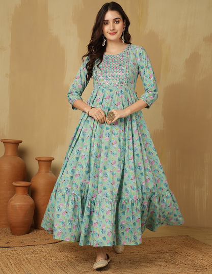 Green Floral Anarkali