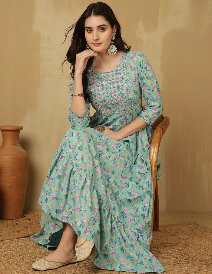 Green Floral Anarkali