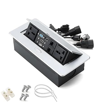 Hidden Desktop Connectivity Box for Conference Tables – Silver Soft-Open Power Strip with Multimedia Ports