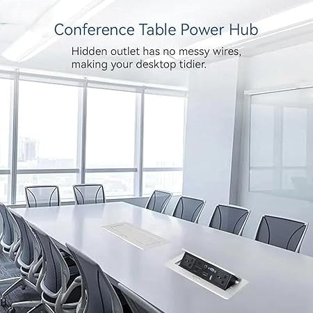 Hidden Desktop Connectivity Box for Conference Tables – Silver Soft-Open Power Strip with Multimedia Ports