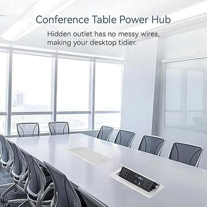 Hidden Desktop Connectivity Box for Conference Tables – Silver Soft-Open Power Strip with Multimedia Ports