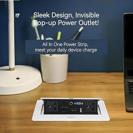 Hidden Desktop Connectivity Box for Conference Tables – Silver Soft-Open Power Strip with Multimedia Ports