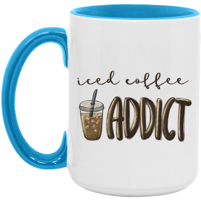 Iced Coffee Addict 15 oz ceramic coffee mug in White/Light Blue