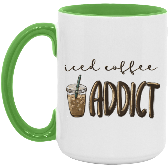 Iced Coffee Addict 15 oz ceramic coffee mug in White/Light Green