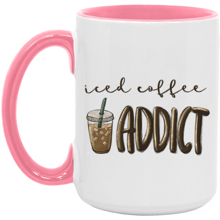 Iced Coffee Addict 15 oz ceramic coffee mug in White/Pink