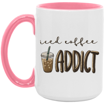 Iced Coffee Addict 15 oz ceramic coffee mug in White/Pink