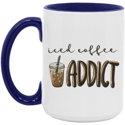 Iced Coffee Addict 15 oz ceramic coffee mug in White/Midnight Blue