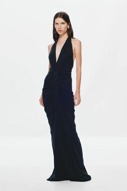 Misha Venus Gathered Cupro Dress - Black