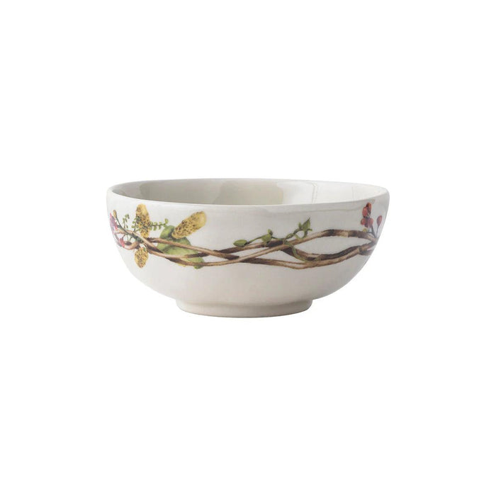 Cream-colored ceramic stoneware bowl featuring a delicate wreath of painted twigs, berries, and feathers.