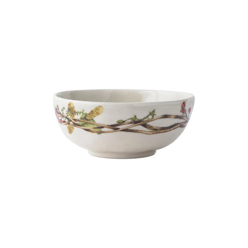 Cream-colored ceramic stoneware bowl featuring a delicate wreath of painted twigs, berries, and feathers.