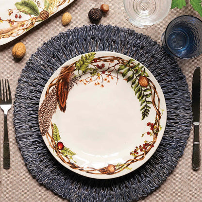 11-inch Juliska Forest Walk stoneware dinner plate featuring a woodland motif of feathers, ferns, and berries.