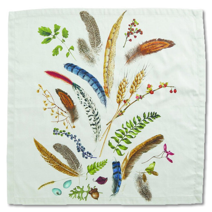 Square 22-inch cotton napkin featuring a colorful Forest Walk motif of feathers, leaves, berries, and acorns.