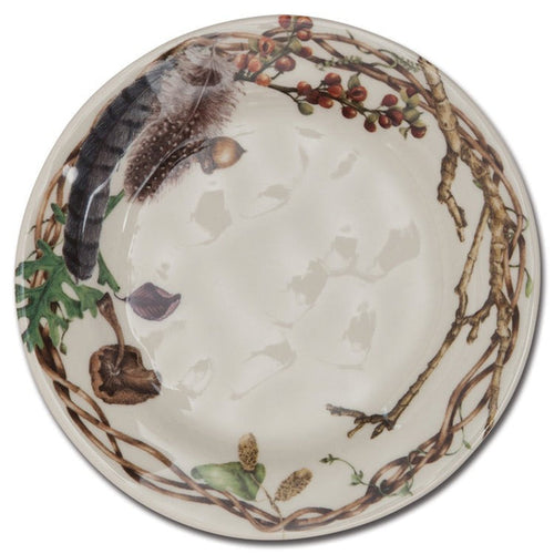 Juliska Forest Walk 8.5-inch ceramic salad plate featuring a rustic border of painted twigs, acorns, and feathers.
