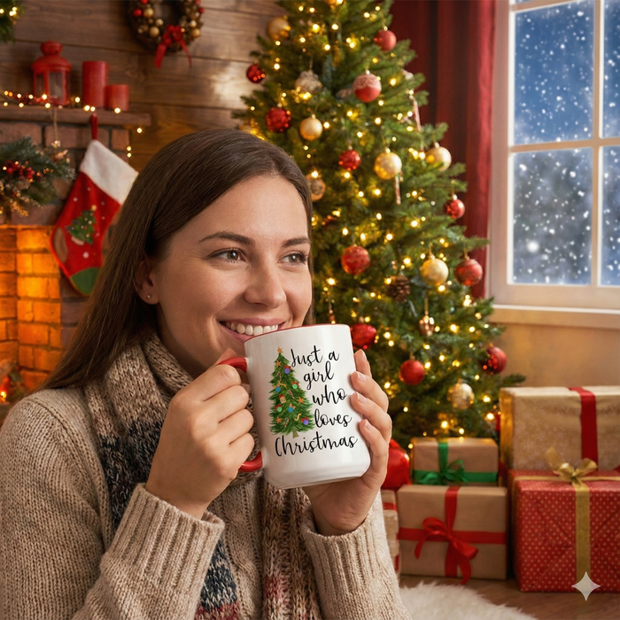 Just a Girl Who Loves Christmas ceramic coffee mug, product photo 2