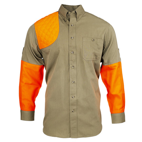 Olive green cotton shooting shirt with bright orange sleeves and a quilted right-hand recoil pad patch.