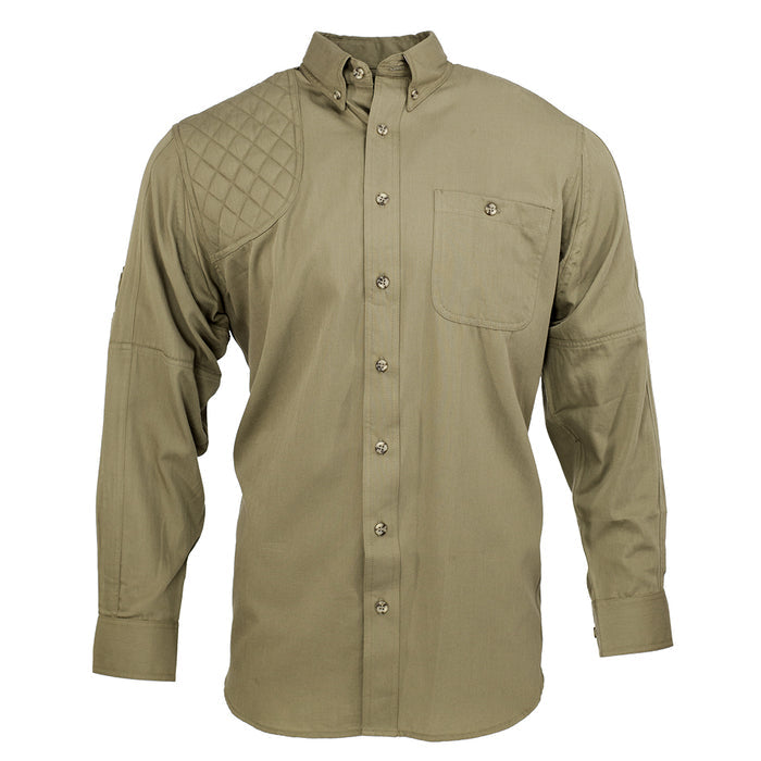 Olive green long-sleeve cotton poplin shooting shirt with a right-hand quilted recoil pad patch and button-down collar.