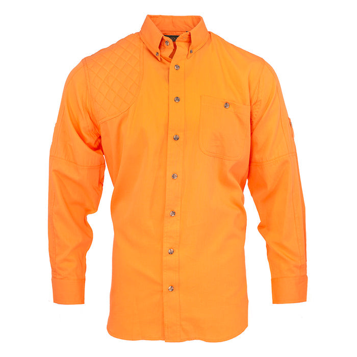 Bright orange long-sleeve shooting shirt in cotton poplin with a quilted right-hand recoil pad patch and button-down collar.