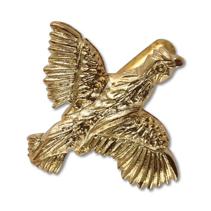 Brass-plated quail hunting hat pin with detailed wings, expertly crafted in the USA for hats or jackets.