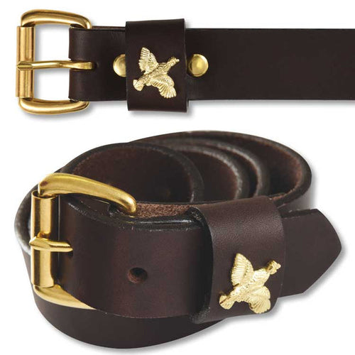 Dark brown bridle leather belt featuring a brass buckle and a decorative brass quail emblem on the leather keeper.